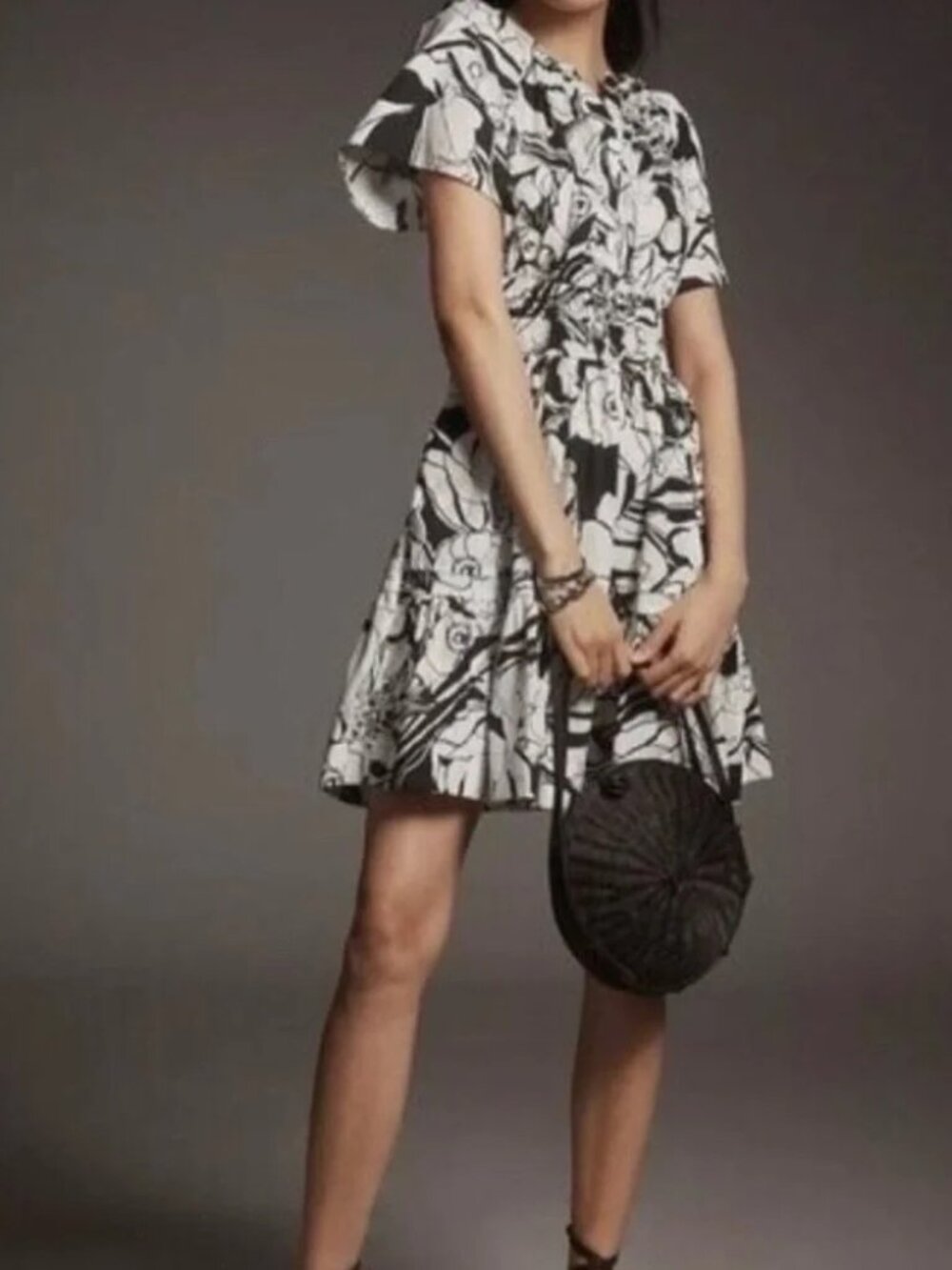 Cotton Anthropologie Black and White Floral Mini Dress